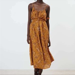 Zara Floral Printed Midi Dress in Ochre NWT